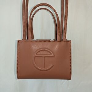 Telfar Tan Mini Bag with Embossed Logo and Boxy Shape